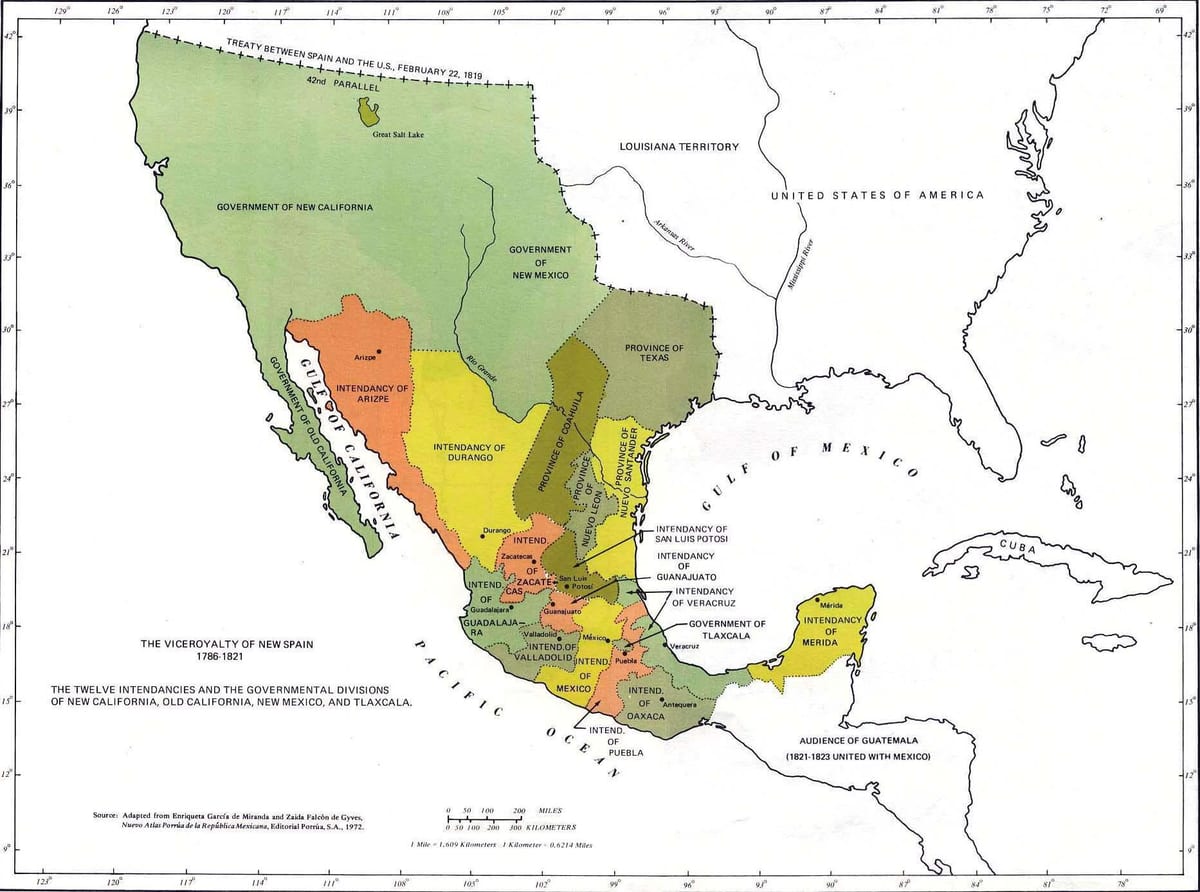 kort af Mexíkó í 1821
