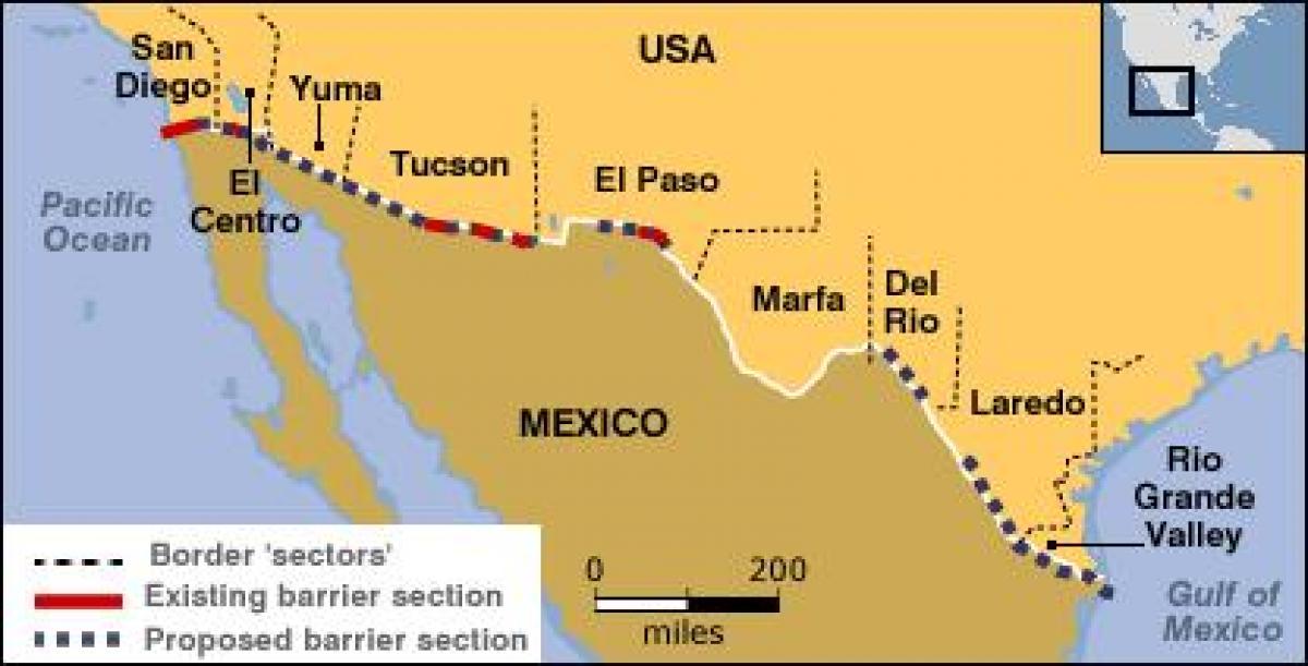 kort af mexíkósku landamærin