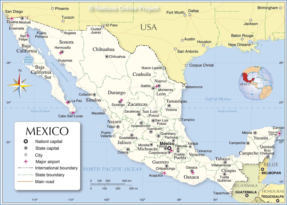 landamærum Mexíkó kort