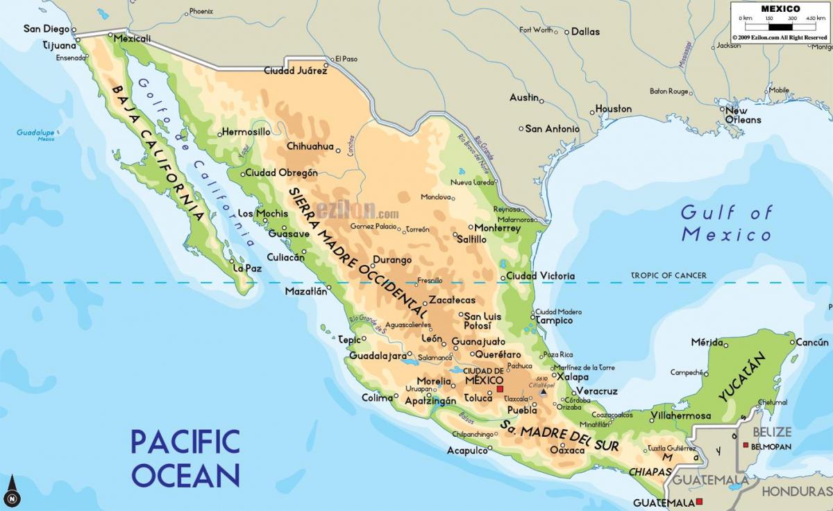 líkamlega kort Mexíkó