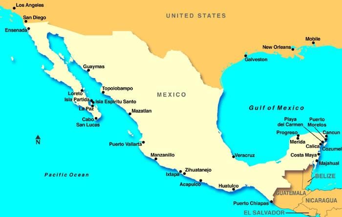 kort af Mexíkó cruise höfnum