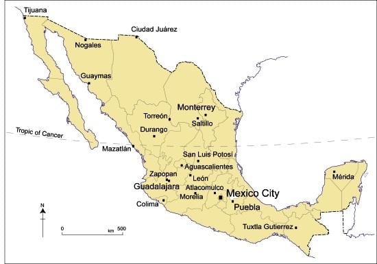 kort af stórar borgir í Mexíkó