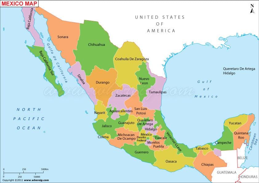 pólitísk Mexíkó kort